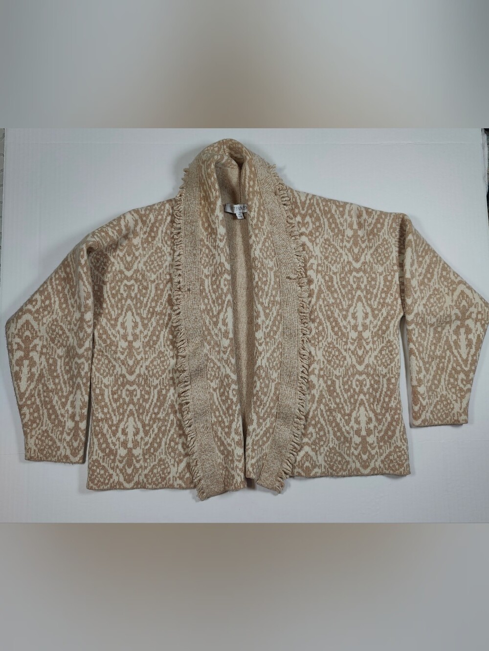 Intermix Simone Fringed Jacquard Beige Wool Cashmere Open Front Cardigan Sz M